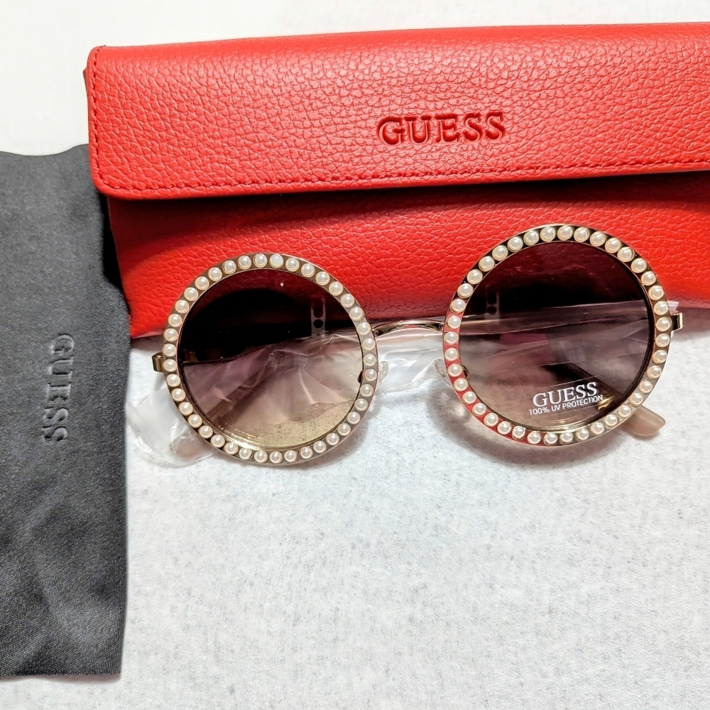 Guess Chic Sunglasses Pearl White Girly Gold Lense Red Guess Glasses Case - Picture 5 of 12